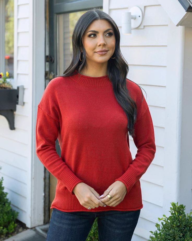 Red Mock Neck Sweater The perfect sweater for every day! Meet the new Everyday Mock Neck Sweater! This cool weather wardrobe staple is more than your average sweater: soft knit fabric combined with an elevated rolled mock neckline keeps your style classic and polished without sacrificing an ounce of comfort. You’ll love having this versatile mock neck sweater on hand for everyday styling, apple picking, family pictures, and more! Why you’ll love it: Classic mock neck sweater in autumn red with a Perfect Sweater, Grace And Lace, Roll Neck Sweater, Apple Picking, Mock Neckline, By Grace, Mock Neck Sweater, Roll Neck, Style Classic