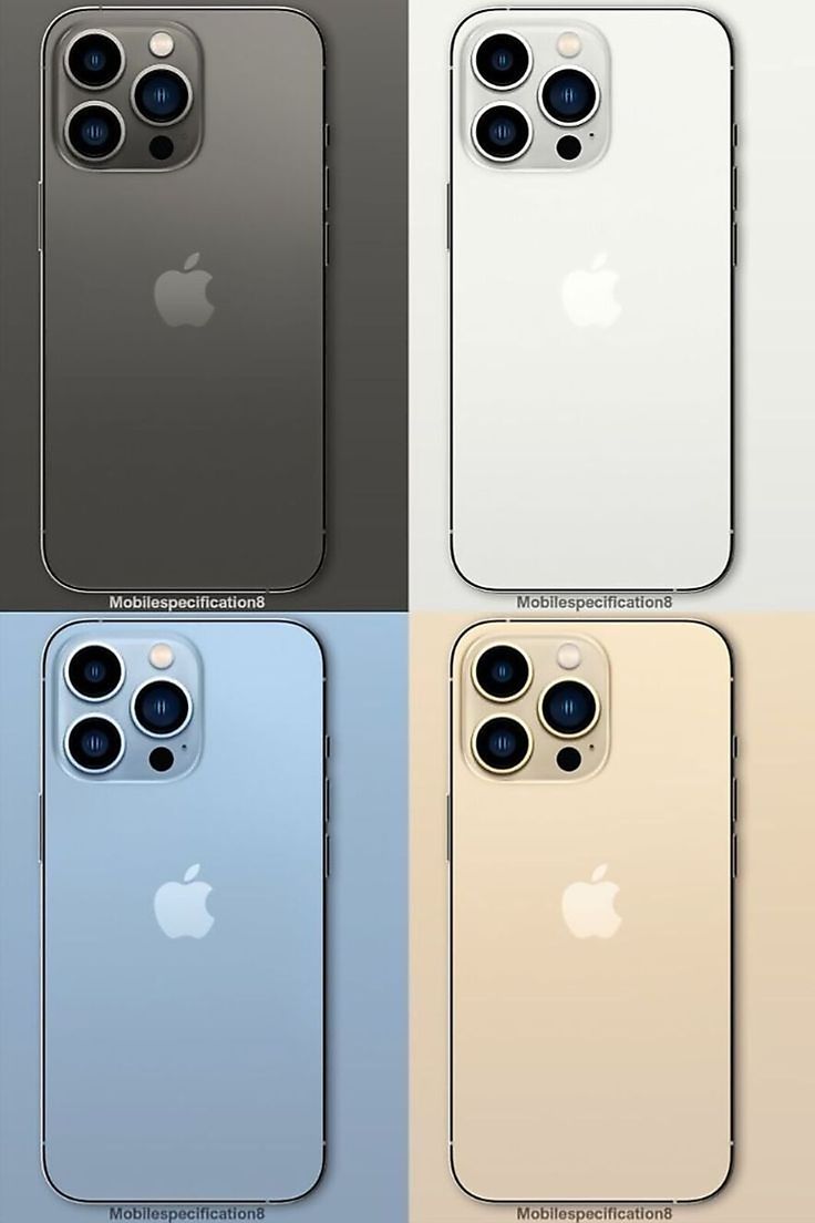 four iphones with different color options in the same image, one is white and one is blue