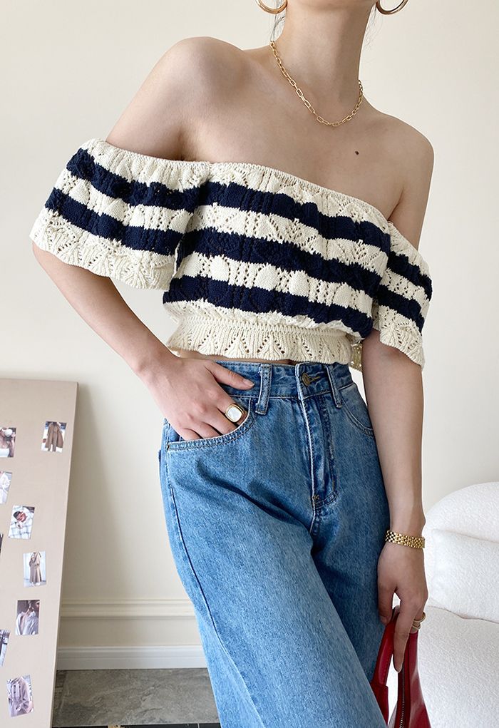 We know you've got a gorgeous summer getaway in your future, so make sure to grab the flare sleeve striped knit crop top before you go! Knit fabric, with a navy and beige striped design, flare sleeves, elastic neckline and ruffle cropped hem, shapes this med-ready top. Pair with the matching skirt for a complete look!    - Crop hem  - Can be worn as off the shoulder of square neck  - Striped pattern  - Flare short sleeves  - Hollow out detailing  - Elastic shoulder and hem  - Knit fabric provide Led Dress, Summer Getaway, Flare Sleeves, Fashion Buyer, Knit Crop Top, Knit Crop, Indie Design, Mecca, Black Crop Tops