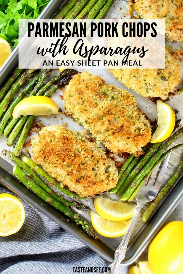 one pan parmesan pork chops with asparagus