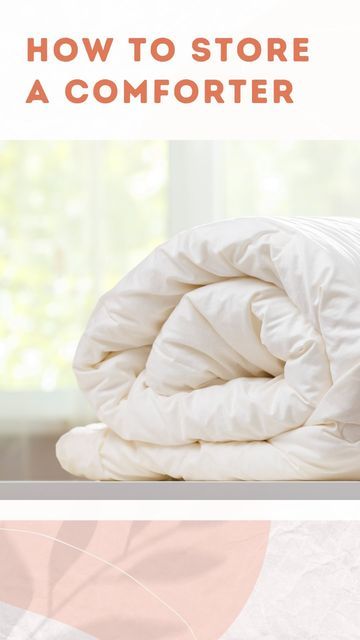 a white comforter sitting on top of a bed next to a window with the words how to store a comforter