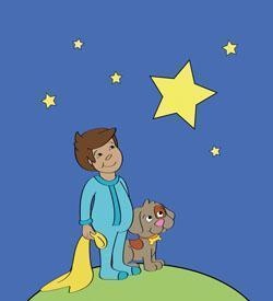 a boy standing on top of a hill with a dog and stars in the sky