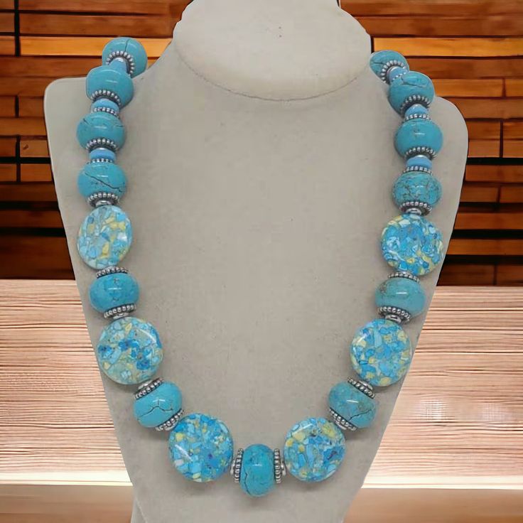 "Turquoise Necklace For Her - Jasper Necklace For Women - Stone Necklace - One Of A Kind Necklace - Multicolored Necklace For Women - Gift This necklace measures 27\" in length.  This necklace is comprised of turquoise stone round beads, blue stone divider beads, jasper circle beads, and silver acrylic divider beads.  This necklace is strung on beading wires with a lobster clasp for closure.  I used two wires for strength.  This necklace is a turquoise lovers dream!  This necklace is great for E Turquoise Crystal Necklaces With Gemstone Beads, Turquoise Crystal Necklaces With Natural Stones, Turquoise Gemstone Beads Crystal Necklace, Light Blue Polished Beads Necklace For Gift, Turquoise Gemstone Bead Necklaces, Turquoise Round Beads Crystal Necklaces For Jewelry Making, Blue Turquoise Necklace With Colorful Round Beads, Blue Turquoise Necklace With Colorful Beads, Light Blue Necklaces With Large Round Beads