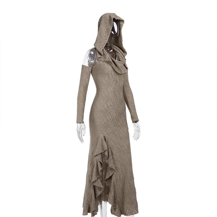 The wannathis Avant-Garde Hooded Maxi Dress is a taupe cold shoulder gown featuring ruffle detail. This unique dress combines a modern, avant-garde design with the elegance of a maxi length. The cold shoulder cut and ruffle accents add a touch of sophistication and flair, while the hood provides a contemporary twist. Made from high-quality, breathable fabric, it ensures comfort and style for special occasions. Available in multiple sizes and machine washable for easy care. Fabric composition: 95 Hooded Fitted Winter Dress, Fitted Ruffled Maxi Dress For Winter, Hooded Fall Party Dresses, Fitted Hooded Party Dress, Winter Long Sleeve Maxi Dress With Ruffles, Cold Shoulder Gown, Techno Fashion, Ruffle Maxi Dress, Angel Dress