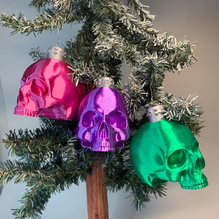 three different colored skulls are hanging from a christmas tree ornament on a branch