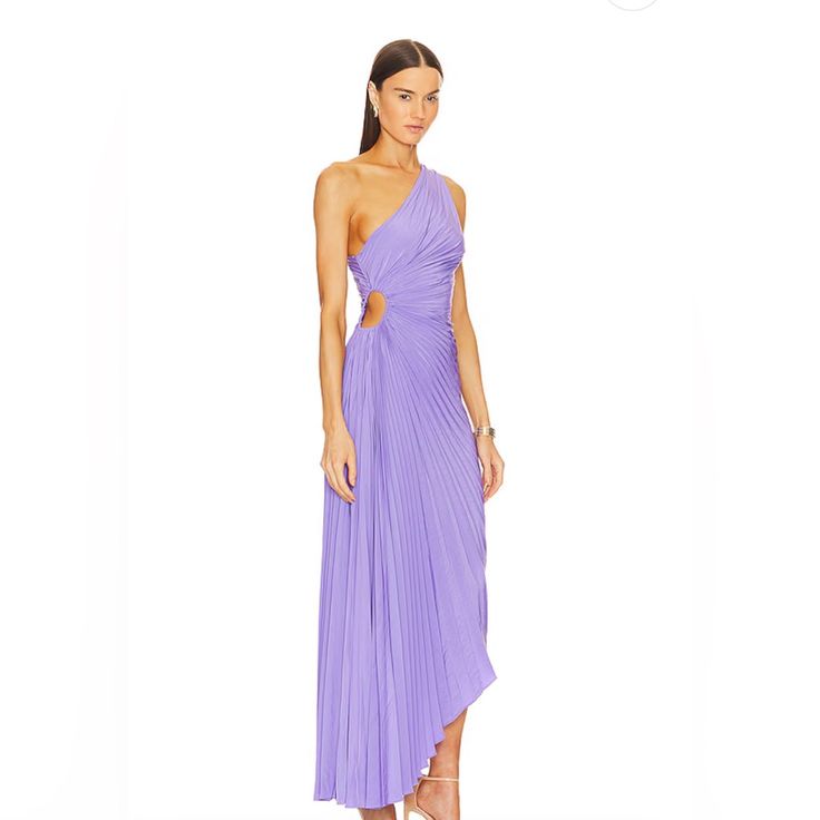 Size 4 The Delfina Dress, A Part Of A.L.C.'S Signature Collection, Is Asymmetrically Draped And Pleated. This One-Shoulder Silhouette Features A Confident Side Cutout And High-Low Hem. Worn Once. Purple Maxi Evening Dress For Summer, Purple Ruched Maxi Dress For Evening, One Shoulder Purple Evening Dress, Asymmetrical Spring Evening Midi Dress, Asymmetrical Evening Midi Dress For Spring, Chic Spring Evening Dress With Asymmetrical Hem, Chic Evening Dress With Asymmetrical Hem For Spring, Purple One-shoulder Dress For Gala, Purple One-shoulder Gala Dress