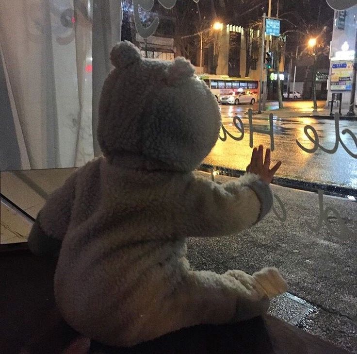 a teddy bear sitting on the ground in front of a store window at night time