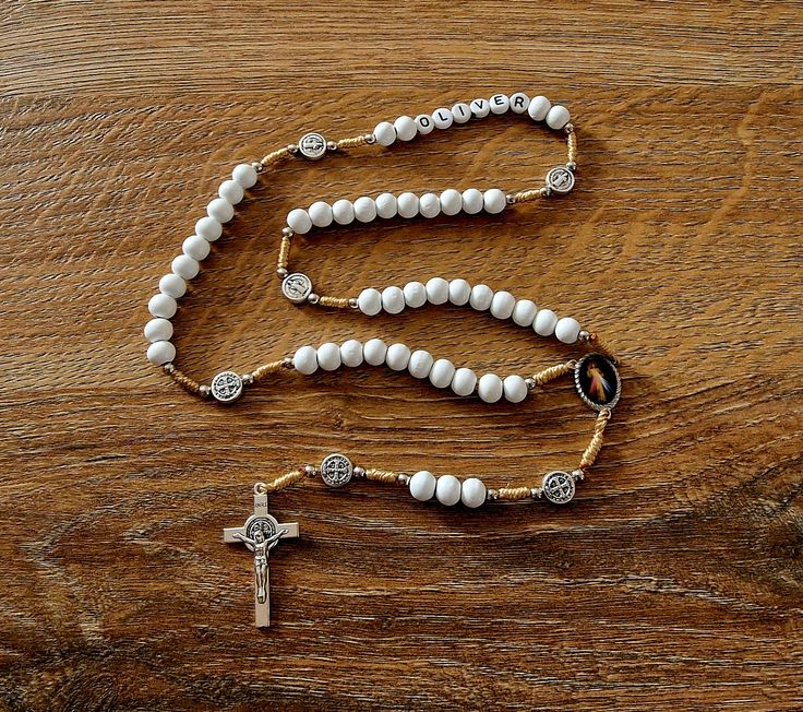 FAMILY CUSTOM ROSARY, handmade wood rosary, personalized rosary from Medjugorje, white wooden beads, catholic gift, Medjugorje gift  Wood beads 8mm White Rosary With Wooden Beads As Gift, White Wooden Beads Rosary As Gift, White Rosary With 8mm Beads Crucifix, Handmade White Spiritual Rosary, Rosary Making, Personalized Rosary, Custom Rosary, Metal Cross, Catholic Gifts