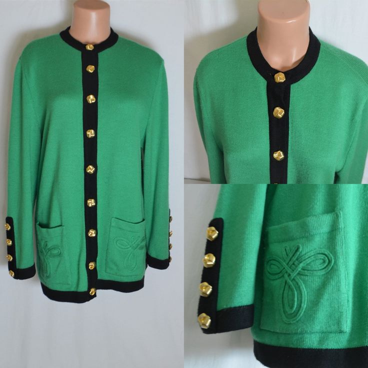 "Vintage Women Knitted Wool Green Cardigan /Knit Green Wool Blazer. Premium German Quality Knitwear. Brand: ARA. Size: L/42 Material: 50% New Wool, 50% polyacryl. Material is stretching a little bit. Long Sleeve. Two decorated pockets. Color: green, black. The color may differ a little bit from the screen of computers. Solid print. Many luxury gold tone buttons that can be used also later for other jackets or blazers. Measurements: without stretching. armpit to armpit: 56.5 cm (22.24\") length from shoulder to hem: 72 cm (28.34\") sleeve length: 58 cm (22.83\") shoulder to shoulder: 44 cm (17.32\") Very good vintage condition." Vintage Glam Fashion, Green Cardigan, Button Cardigan, Wool Knit, Green Wool, Sweater Pullover, Wool Blazer, Black Trim, Colorful Fashion