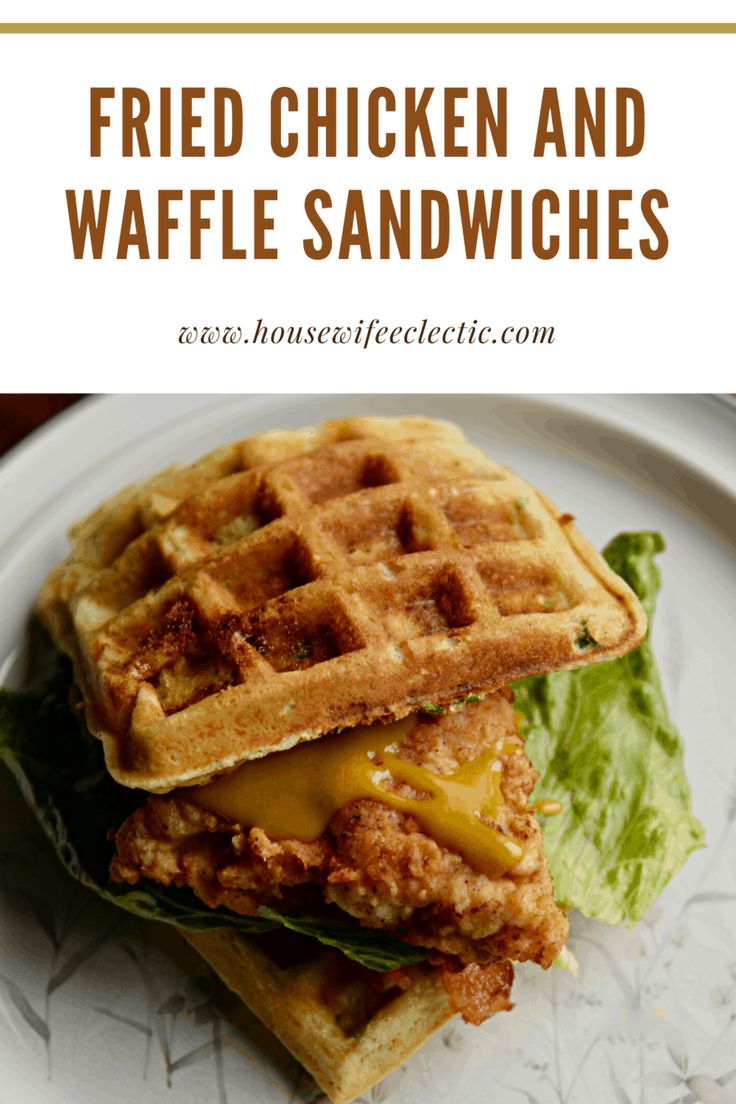 fried chicken and waffle sandwiches on a plate with lettuce