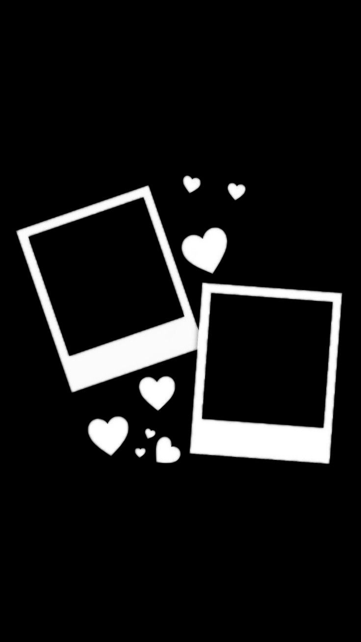 two white frames with hearts floating out of them on a black background for text or image