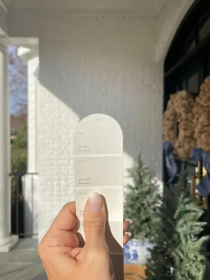 a person holding up a white paint swatch in front of a house with christmas trees