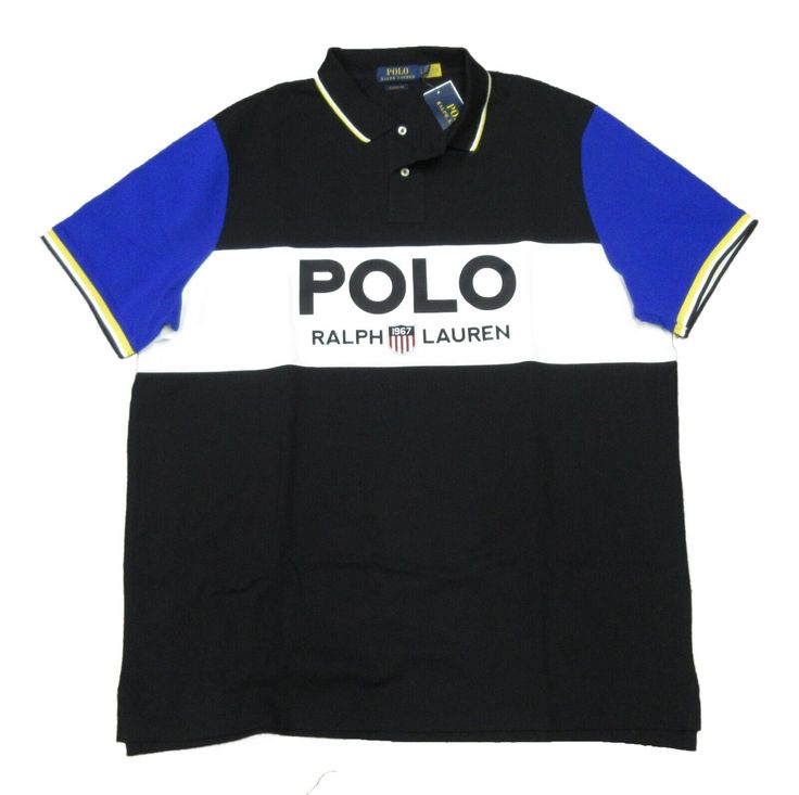 PLEASE NOTE: DUE TO HIGH VOLUME AND POST OFFICE DELAYS, DELIVERY TIMES MAY BE LONGER THAN NORMAL. ALL SALES ARE FINAL. NO RETURNS ACCEPTED. POLO RALPH LAUREN BLACK/BLUE MULTI TIPPED COLORBLOCK LOGO POLO SHIRT CLASSIC-FIT: OUR ROOMIEST SILHOUETTE; CUT FOR A LOWER ARMHOLE AND A FULLER SLEEVE EVEN VENTED HEM RIBBED COLLAR SHORT SLEEVES WITH TIPPED ARMBANDS RUBBER LOGO AND CREST GRAPHIC AT CHEST TWO-BUTTON PLACKET 100% COTTON MACHINE WASHABLE IMPORTED RALPH LAUREN MEN’S MEASUREMENT GUIDE SIZE XS S M Young Mens Fashion, Hang Ten, Silhouette Cut, Polo Ralph Lauren Mens, Ralph Lauren Men, Post Office, Button Placket, Full Sleeve, Polo Ralph