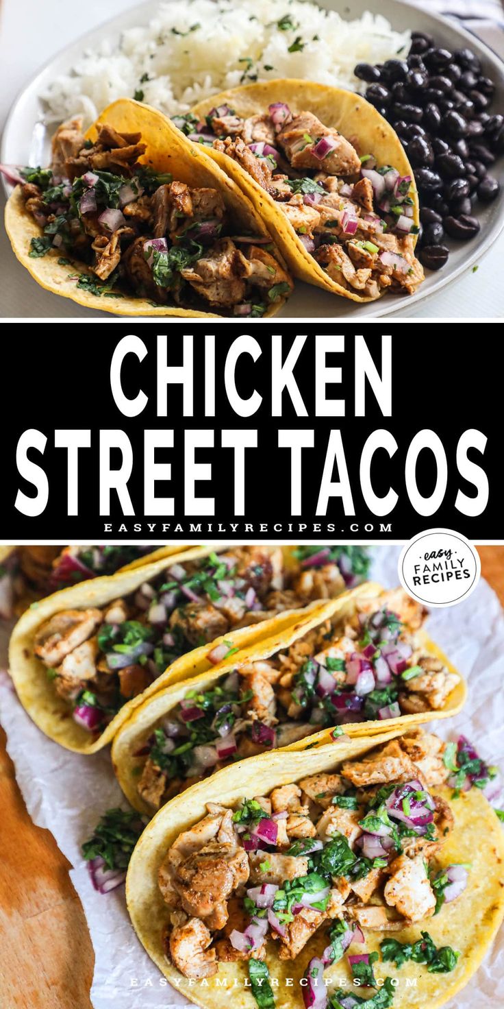 chicken street tacos with cilantro, black beans and rice on the side