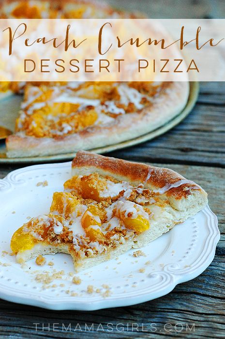 a piece of peach crumble desert pizza on a white plate