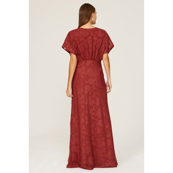 Red floral satin (100% Polyester). A-line. Short sleeves. V-neck. Side zipper closure. See size and fit notes for length measurements. . Imported. V-neck Floral Maxi Dress For Wedding Guest, V-neck Lined Maxi Dress For Prom, Lined V-neck Maxi Dress For Prom, Burgundy Satin V-neck Dress, Lined Satin V-neck Maxi Dress, Red V-neck Dress With Surplice Neckline For Evening, Floral Print V-neck Maxi Dress For Bridesmaids, Red Satin A-line Maxi Dress, V-neck Floral Print Maxi Dress For Bridesmaids