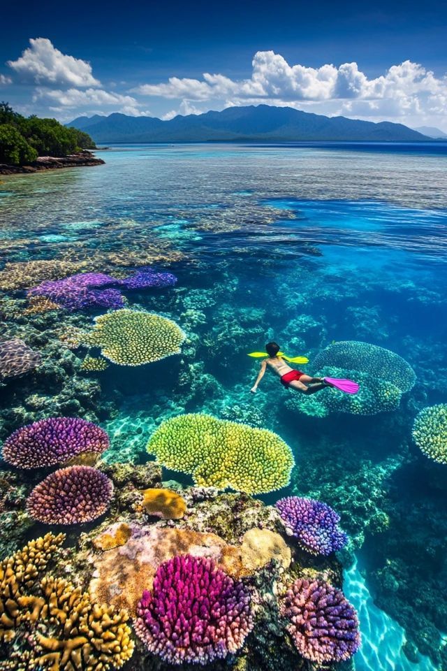 a person riding a surfboard on top of a large group of corals in the ocean