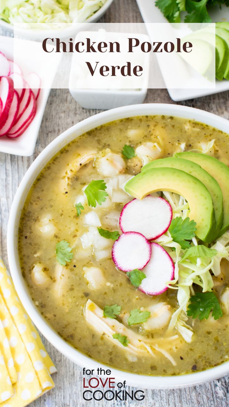 a bowl of chicken pozole verde soup with sliced radishes and avocado