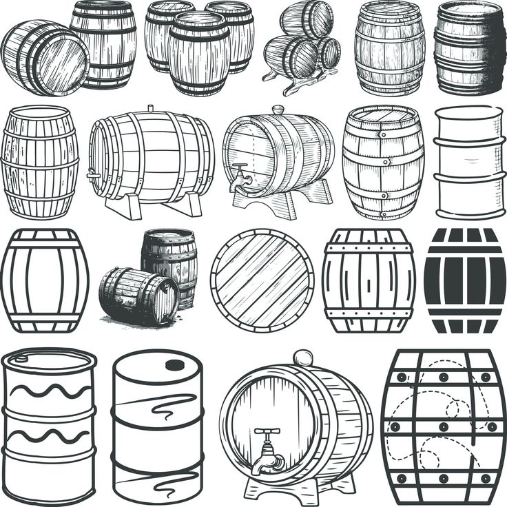 various types of barrels and barrels for wine or beer, hand drawn in black ink on white paper