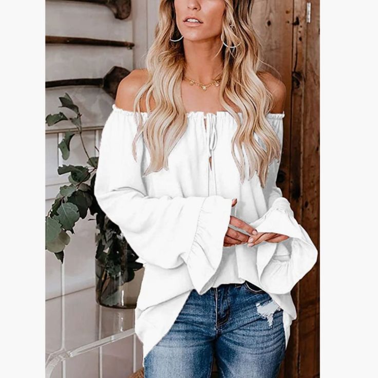 White Off The Shoulder Top - Never Worn, Purchased From Amazon Size: Xl Fall Off-shoulder White Blouse, White Tops For Fall Vacation, Crochet Floral Top, White Off The Shoulder Top, Blue Shirt With Jeans, Boho Plus Size, White Off The Shoulder, Off The Shoulder Long Sleeve, Poncho Tops