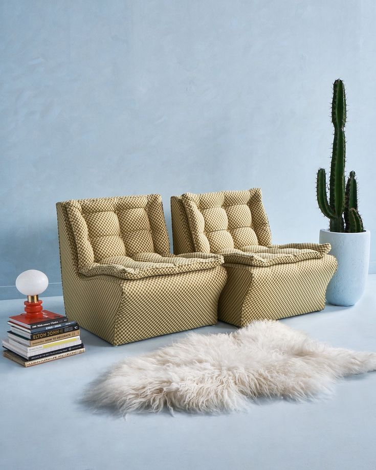 two recliners sitting next to each other in front of a cactus