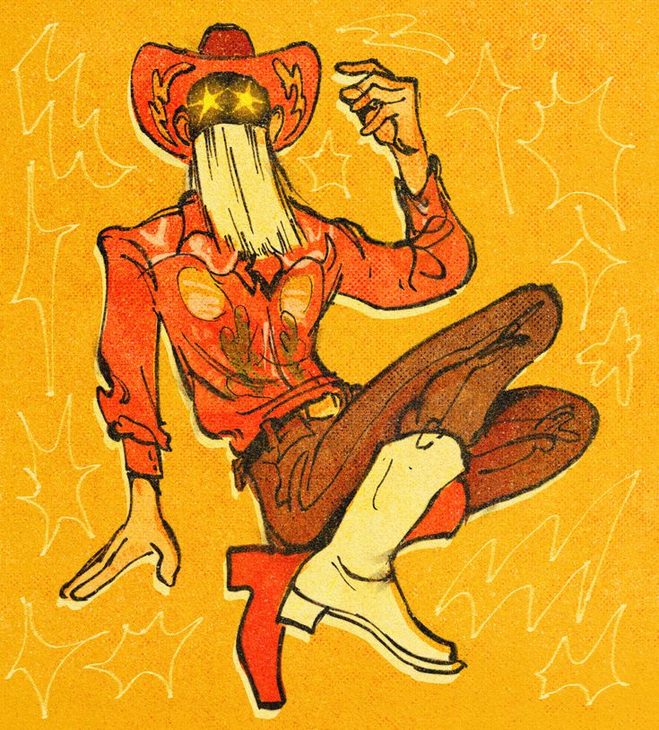 a drawing of a man with a cowboy hat sitting on the ground and holding his leg up