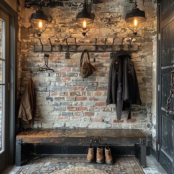 a brick wall with coat racks and lights hanging from the hooks on it's sides