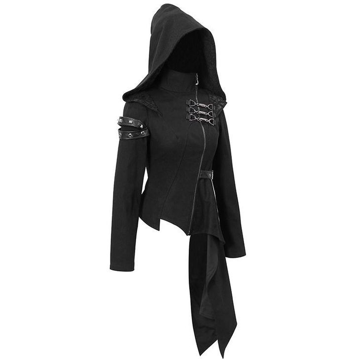 Asymmetrical Women Black Zipper Up Punk Hooded Jacket Tough Aesthetic, Asymmetrical Cut, Asymmetric Jacket, Faux Leather Coat, The Gothic, Jacket With Hood, Fashion Now, Fashion Materials, Women's Jacket