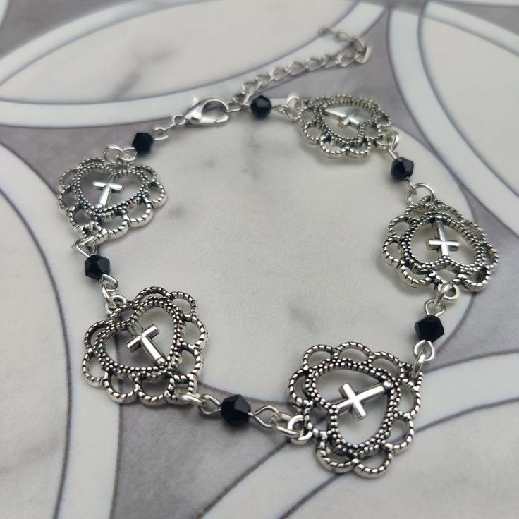 Gothic Cross Charm Bracelet ⭐ Handmade Made to order Can be adjusted ❤️ Whimsical Gothic, Cross Bracelets, Gothic Cross, Gothic Crosses, Mall Goth, Goth Jewelry, Cross Bracelet, Cross Charms, Bracelet Handmade