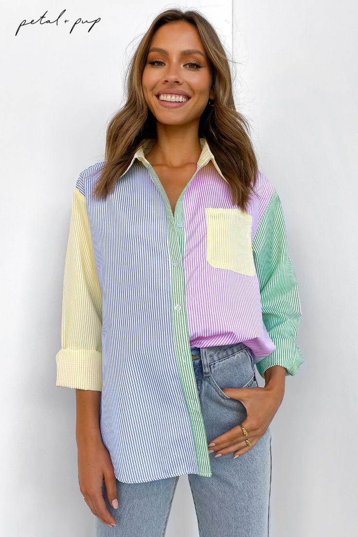 Colorful summer top, colorful long sleeve top, color block top, colorful button up top, colorful button down top, cute colorful top Spring Long Sleeve Blouse With Striped Collar, Spring Blouse With Striped Collar And Long Sleeves, Spring Multicolor Blouse With Collared Neckline, Trendy Long Sleeve Color Block Shirt, Long Sleeve Blouse With Striped Collar For Day Out, Trendy Blouse For Business Casual, Casual Blouse With Striped Collar For Day Out, Spring Business Casual Top With Striped Collar, Spring Business Casual Tops With Striped Collar