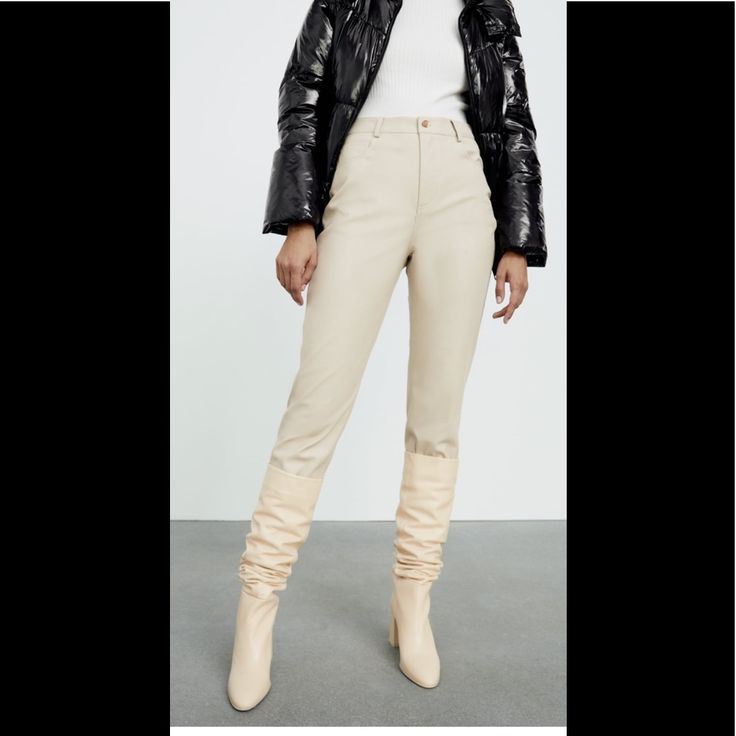 Zara Faux Leather Mom Fit Pants Beautiful Chic Faux Leather Straight Leg Pants, Trendy Spring Straight Leg Leather Pants, Trendy High-waisted Leather Pants For Spring, Trendy Leather Bottoms For Spring, Chic Faux Leather Straight Leg Bottoms, Chic High Waist Leather Bottoms, Chic High-waisted Leather Pants, Trendy Tapered Leg Leather Pants For Work, Chic Leather Straight Leg Bottoms