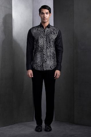 Black cotton shirt with all over geometric pattern and contrast silk thread hand embroidery. - Aza Fashions Black Embroidered Shirt For Formal Occasions, Formal Black Embroidered Shirt, Designer Embroidered Black Shirt, Designer Black Embroidered Shirt, Designer Black Semi-formal Top, Designer Black Tops For Semi-formal Occasions, Formal Festive Embroidered Shirt, Festive Cotton Formal Top, Formal Festive Cotton Tops