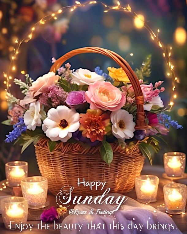 a basket filled with flowers and candles sitting on top of a table next to some lit candles