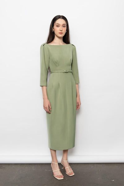 Nevel Round Neck Dress – MEAN BLVD Elegant Belted Midi Dress For Evening, Elegant Midi Dress With Pleated And Fitted Waist, Elegant Fitted Belted Dress With Pleated Waist, Formal Pleated Waist Belted Dress, Fitted Belted Dress With Pleated Waist For Formal Occasions, Fitted Green Belted Dress, Formal Fitted Belted Dress With Pleated Waist, Semi-formal Spring Dress With Fitted Waist, Elegant Green Belted Dress For Work