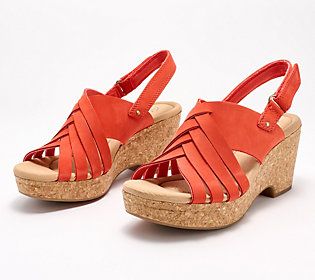 It's gonna be a haute one this summer. Beat the heat and stay in style with Giselle Glow. This sweet sandal sends out vacay vibes with its woven straps and sturdy cork-wrapped wedge heel. Make it your firm foundation for everything from casual capris to fancy frocks. (We like to pair 'em with flared denims and a fringed bag for an oh-so retro look.) From Clarks Footwear.\n\nOriginal item is A596102. This product may be a customer return, vendor sample, or on-air display and is not in its origina Summer Open Toe Cork Wedge Sandals, Summer Cork Wedge Sandals With Open Toe, Spring Beach Wedge Sandals With Cork Material, Cork Sandals For Beach In Summer, Cork Sandals For Beach And Summer, Spring Beach Cork Wedge Sandals, Summer Beach Cork Sandals, Casual Cork Wedge Sandals For Summer, Cork Sandals For Spring Vacation