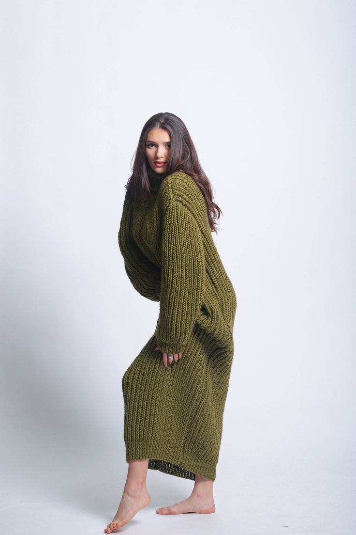 Huge Wool Dress, Winter Maxi Sweater Dress, Long Wool Sweater Dress  DETAILS   * Material -Premium Wool yarn  * 100 % Handmade and Homemade locally in Bulgaria /EU / by our own employed knitters. We ensure excellent working conditions- faire paid , free health insurance and 20 days annual paid vacation..  / Made in a smoke-free and pet friendly environment/  * Style -cable ,solid  * Color -green  / Product colour may slightly vary due to photographic lighting sources or your monitor settings/  * The model is 170 cm tall (regular S)  * The sweater shown in pictures is 6XL size Details Dress in the pictures : 1-Dress Length          140cm,57,1inch 2-Dress Chest          65cm,19,7inch 3-Dress Sleeves           50cm,19,7inch 4- Turtleneck Length30cm,11,8inch  -The Size Chart you can see in 3 t Long Wool Dress Outfit, Wool Dress Winter, Maxi Sweater Dress, Dress For Winter, Winter Maxi, Maxi Sweater, Sweater Dress Long, Wool Sweater Dress, Sweater Maxi Dress