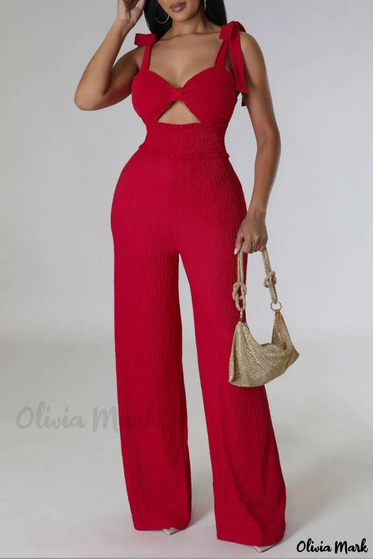 Olivia Mark - Red Elegant Solid Bandage Jumpsuit with Backless Design and Spaghetti Straps Jumpsuits For Ladies, Designer Overalls, Bandage Jumpsuits, Jumpsuit Casual, Designer Jumpsuits, Jumpsuits And Romper, One Piece Outfit, Casual Jumpsuit, Pantalon Large