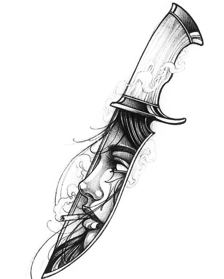 a drawing of a knife with flames coming out of it