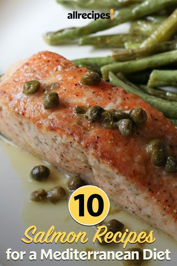 salmon and green beans on a plate with the title 10 salmon recipes for a mediterranean diet