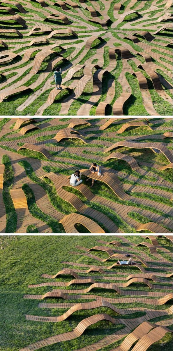 two pictures of people sitting in the middle of a field with grass growing on it