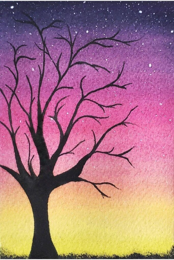 a painting of a tree with purple, yellow and pink sky in the background at night