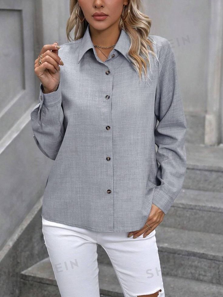 Color:Light Grey \nStyle:Casual \nSleeve Type:Regular Sleeve \nDetails:Button \nNeckline:Shirt Collar \nType:Shirt \nPattern Type:Plain \nSleeve Length:Long Sleeve \nLength:Regular \nFit Type:Regular Fit \nFabric:Non-Stretch \nMaterial:Fabric \nComposition:100.0% Polyester \nCare Instructions:Machine wash or professional dry clean \nSheer:No \n Women Blouses, Button Shirt, Shirt Collar, Women's Casual, Color Light, Casual Women, Light Grey, Blouses For Women, Womens Shirts