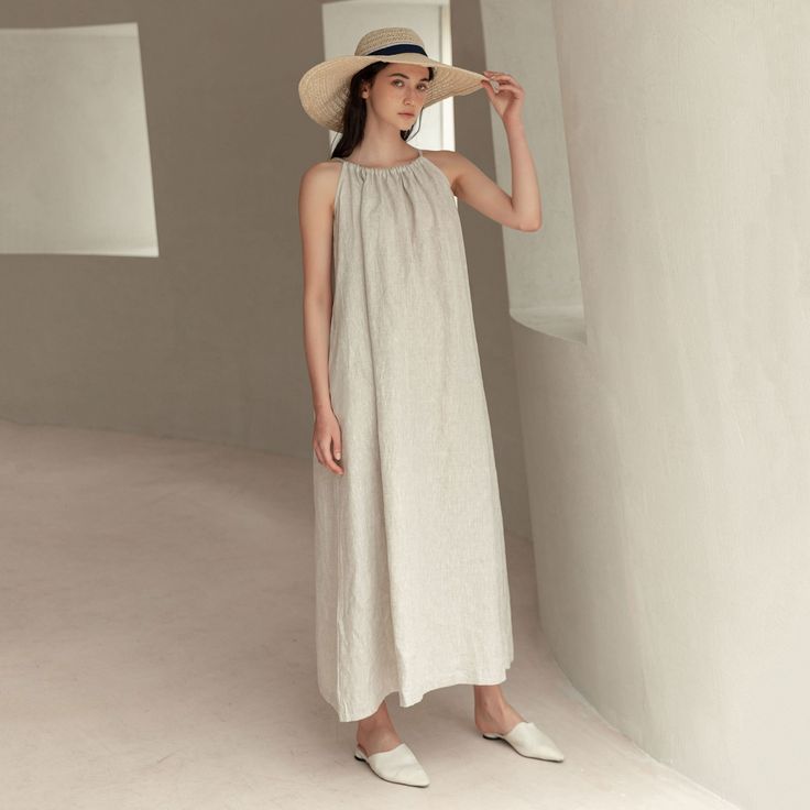 "Cool and comfortable for hot summer days, this natural linen sleeveless dress is elegant and stylish.    It is a wonderful wardrobe staple that's a timeless classic you'll wear again and again.Natural linen materials, comfortable, breathable, refreshing and soft fabric. All our items are Tailored and Handmade and Made to Order ,I can make Any Size . I design new styles every week, please collect my store. I believe that you will meet your favorite styles. ★★FEATURES Linen 55% + Cotton 45% ( Med Beige Sleeveless Beach Dress For Summer, Summer Sleeveless Beige Dress For Beach, Beige Sundress For The Beach, Beige Sleeveless Summer Dress For Beach, Summer Beige Linen Daywear Dress, Summer Beige Linen Dress For Daywear, Beige Linen Dress For Summer Daywear, Beige Linen Dress For The Beach, Beige Linen Dress For Summer