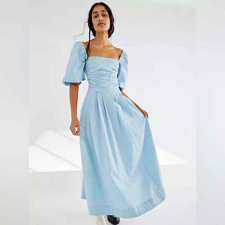 Nwt Free People Ain’t She A Beaut Midi Baby Blue Dress. Size Small. Blue Square Neck Dress For Daywear, Light Blue Ruched Dress For Spring, Blue Square Neck Day Dress, Summer Light Blue Puff Sleeve Midi Dress, Light Blue Puff Sleeve Midi Dress For Summer, Light Blue Puff Sleeve Dress For Daywear, Light Blue Ruched Midi Maxi Dress, Light Blue Ruched Dress For Day Out, Blue Puff Sleeve Maxi Dress For Summer