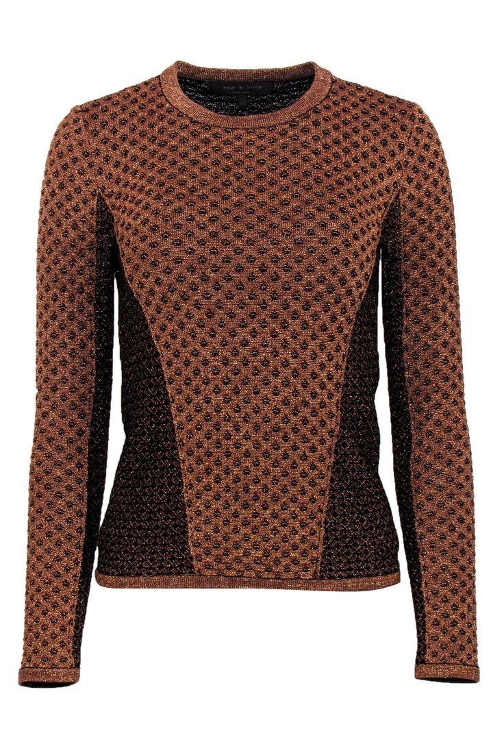 Current Boutique-Rag & Bone - Copper & Black Metallic Knit Sweater Sz XS Fitted Textured Knit Winter Sweater, Brown Tops For Evening In Fall, Brown Tops For Evening And Fall Season, Stretch Knitted Tops For Party, Fall Party Knit Top With Crew Neck, Fall Party Crew Neck Knit Top, Winter Party Knitted Tops, Winter Textured Knit Fitted Tops, Winter Party Knit Top