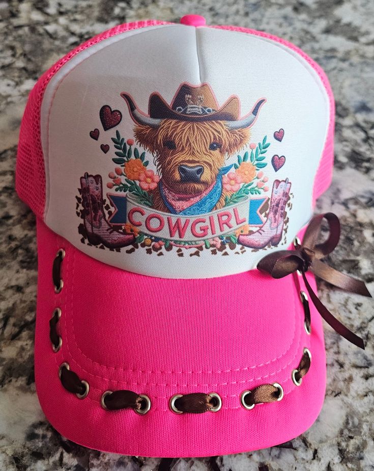 Add little pizazz to your life with one of our super cute trucker hats! Hat With Ribbon, Custom Trucker Hats, Highland Cow, Trucker Hats, Trucker Cap, Caps Hats, Trucker Hat, Accessories Hats, Hot Pink