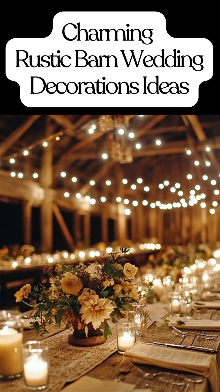 Rustic barn wedding decorations featuring warm lighting, wooden accents, charming table settings, and rustic centerpieces for a cozy celebration Simple Wooden Table Wedding Decor, Farm Theme Wedding Ideas, Rustic Charm Wedding, Small Rustic Wedding Ideas, Barn Table Wedding Decor, Diy Barn Wedding Decorations, Western Wedding Centerpieces Diy, Rustic Wedding Decor On A Budget, Barn Reception Ideas