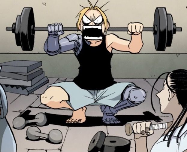 a cartoon character is sitting on the ground with a barbell in front of him