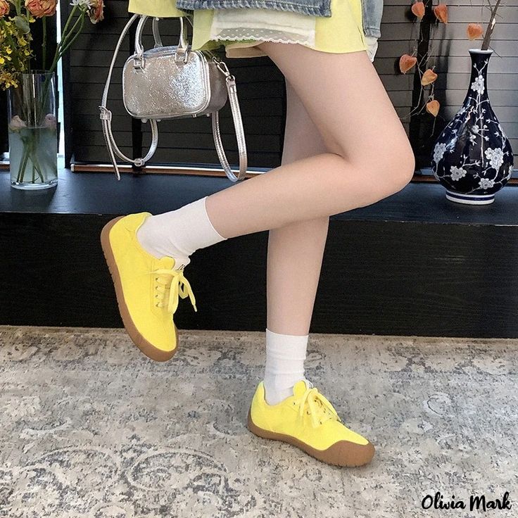 Olivia Mark - Stylish Casual Flat Shoes for Comfortable Outdoor Wear Casual Yellow Sneakers With Textured Sole, Casual Synthetic Lace-up Shoes With Round Toe, Summer Walking Shoes With Round Toe, Trendy Spring Walking Shoes With Round Toe, Ankle-high Sneakers With Rubber Sole For Spring, Spring Walking Shoes With Cushioned Footbed And Round Toe, Spring Walking Shoes With Textured Sole And Round Toe, Synthetic Lace-up Walking Shoes For Summer, Summer Lace-up Synthetic Walking Shoes