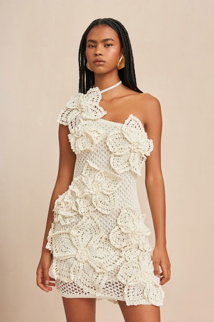 A hand-crocheted, mini-dress with large, three-dimensional knit floral motifs.- Ties behind the neck- Lined- Open knit- One shoulder Dirndl Outfit, Double Layer Dress, Bandeau Tops, Sleeveless Outfit, Fitted Mini Dress, Women Halter, Mini Robes, Dresses 2024, Halter Mini Dress